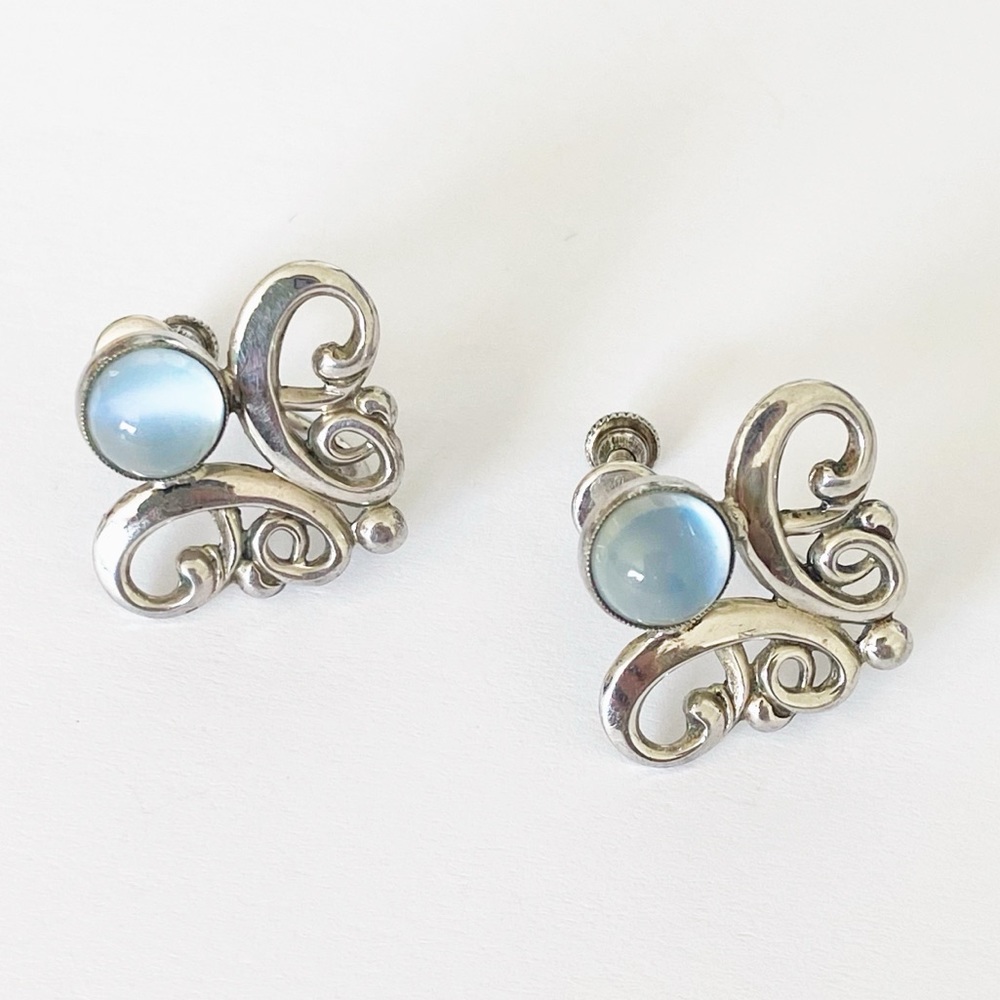 Vintage sterling silver moonstone cabochon screwball butterfly filigree earrings